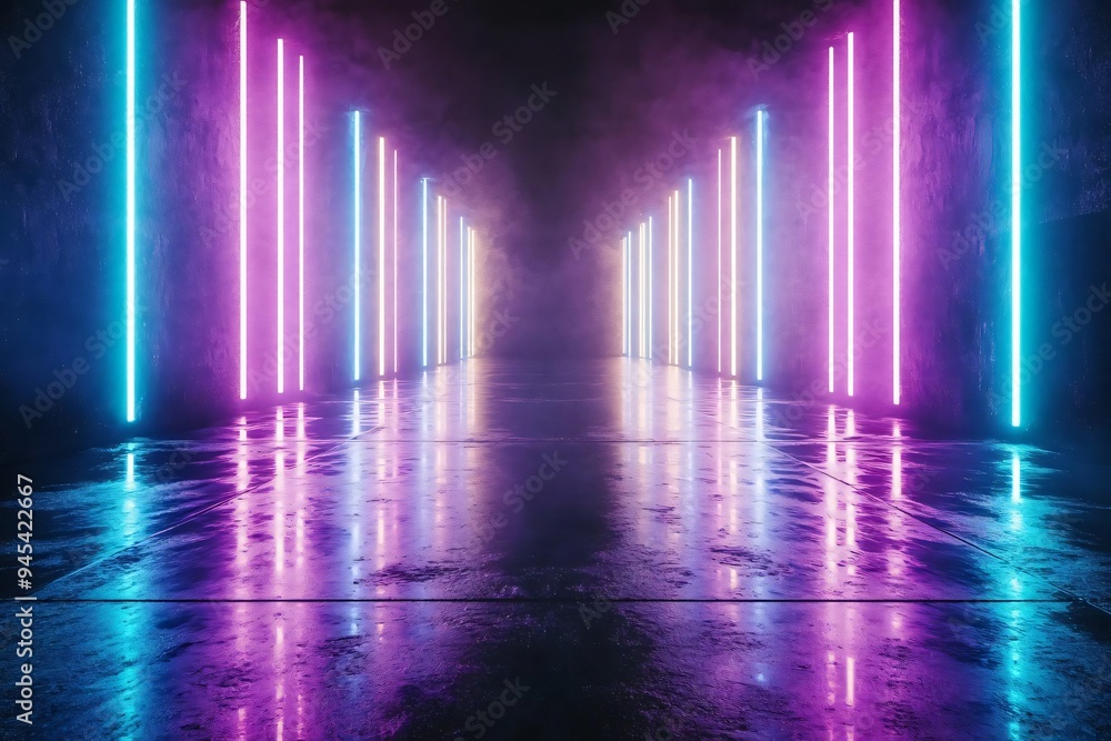 Poster vibrant neon lights illuminate a dark corridor, creating a surreal atmosphere with reflections on a 