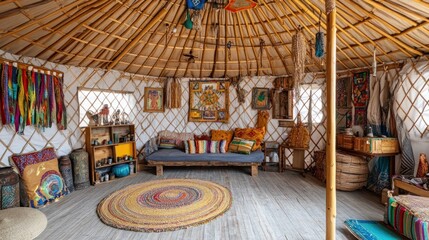 Naklejka premium Colorful and eclectic interior of a yurt with a wooden frame, woven rug, and colorful pillows.