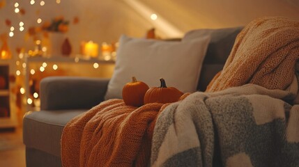 Cozy autumn living room with pumpkins on a blanket-covered sofa.