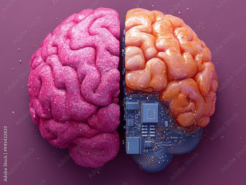 Wall mural artificial intelligence concept: human brain merging with technology, human brain vs ai technologies