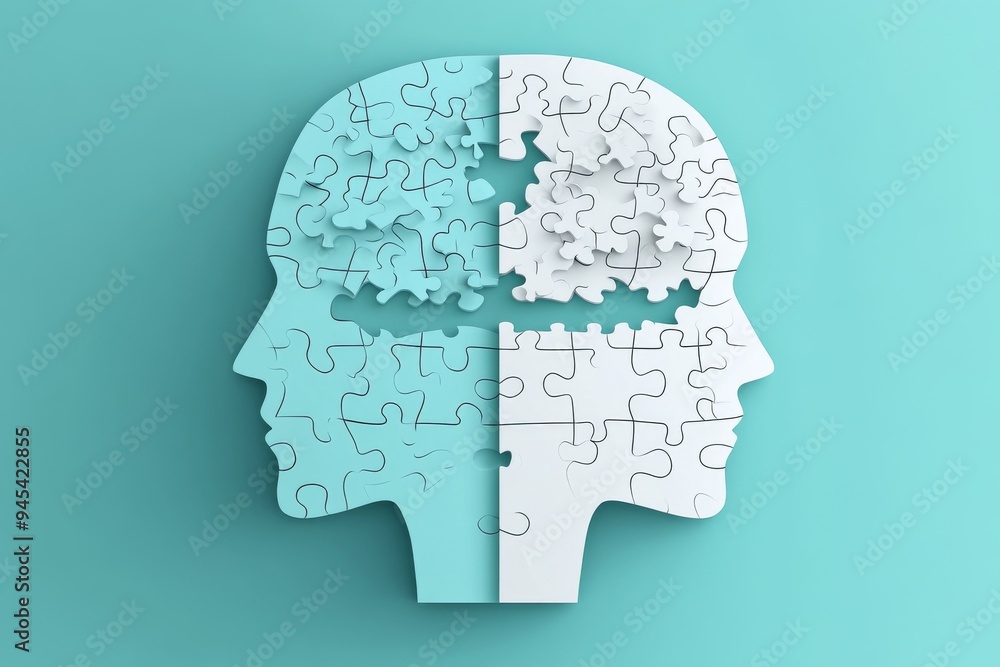 Poster a human profile made of puzzle pieces symbolizing the complexity of identity cognitive processes and