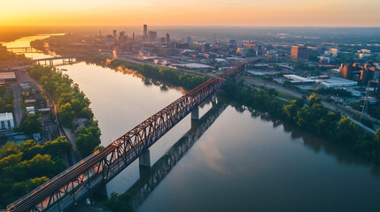 Fototapeta premium grand cantilever bridge spans calm river at sunset reflecting warm light on the water set against vibrant city skyline serene urban scene