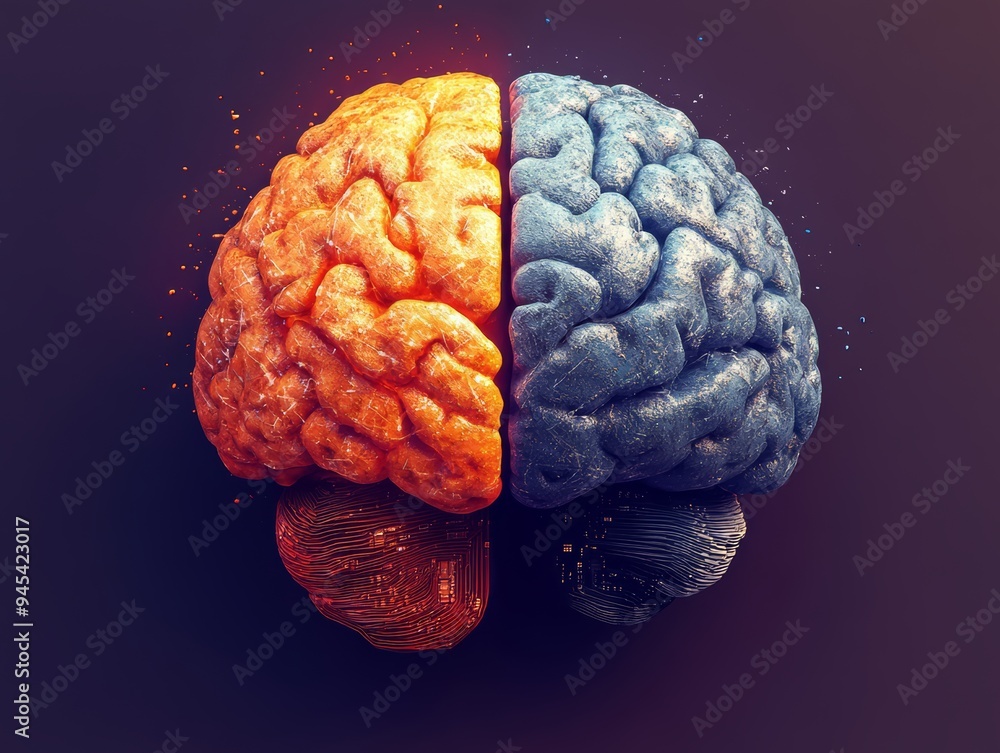 Wall mural artificial intelligence concept: human brain merging with technology, human brain vs ai technologies