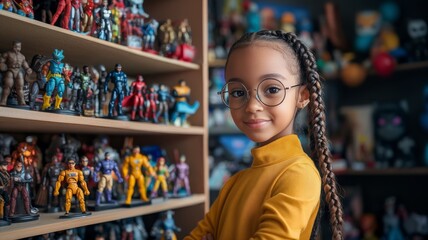 Young Girl with Glasses Smiling in Toy Store Surrounded by Colorful Action Figures on Shelves