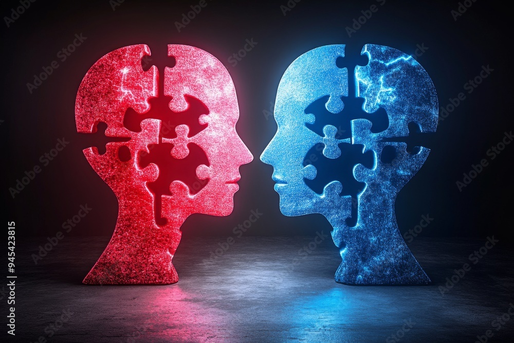 Poster two human profiles made of puzzle pieces in red tones symbolizing cognitive dissonance the complexit