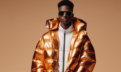 A man in sunglasses wears a gold puffer jacket against a tan background