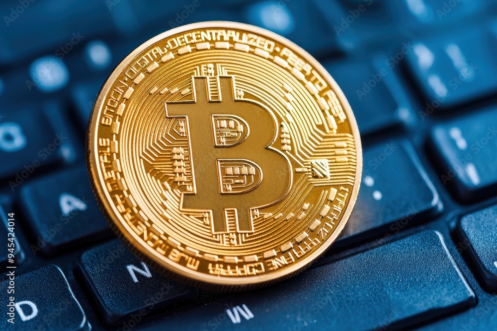 Poster a close-up view of a bitcoin on a keyboard, symbolizing the intersection of technology and finance.