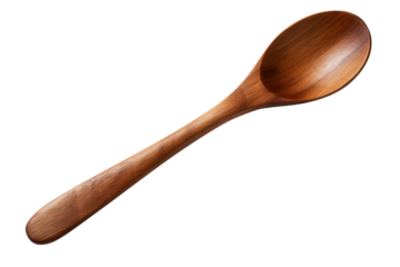 Handcrafted wooden spoon isolated on transparent background for culinary arts and rustic kitchen design projects featuring natural utensils and organic cooking tools