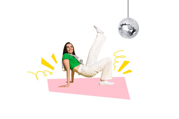 Creative collage picture young woman dance party disco sphere entertainment positive mood rejoice...