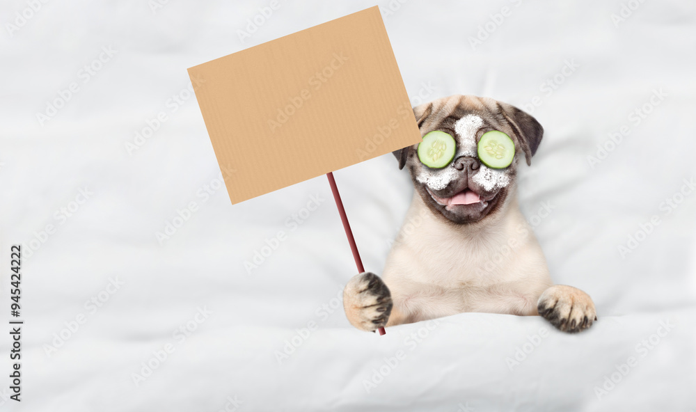 Aufkleber Funny Pug puppy with pieces of cucumber on it eyes relaxing on the bed at home and showing empty list. Top down view. Empty space for text