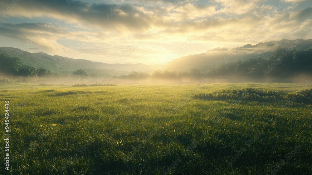 Poster a meadow at dawn, with mist rolling over the grass and the first light of day breaking through the c