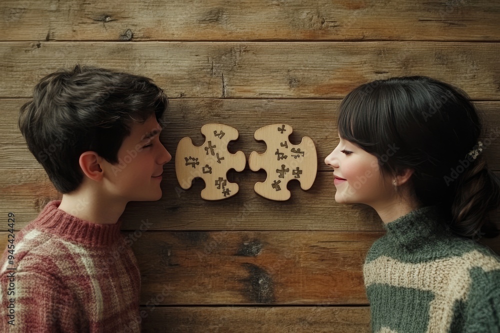 Poster two children holding matching puzzle pieces against a wooden background representing cognitive devel
