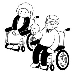 車いすのシニア男性とシニア女性の単色イラスト
