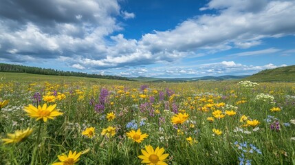 Obraz premium A meadow filled with yellow and purple wildflowers, with a clear blue sky and puffy white clouds above