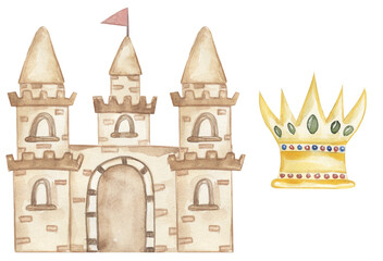 Watercolor queen castle and crown clipart set, hand drawn illustration. cute children graphics