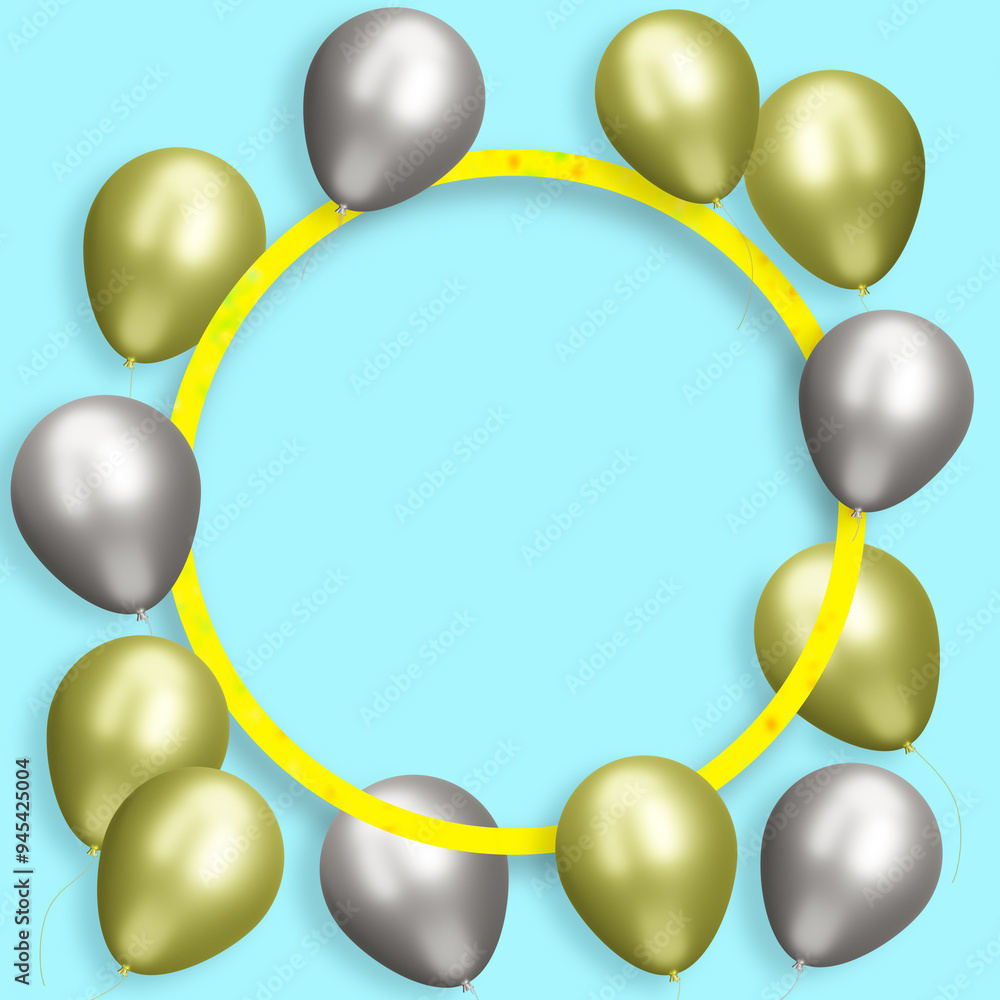 Aufkleber Golden frame with gold and silver balloons on blue background. Empty space for text. 3d rendering