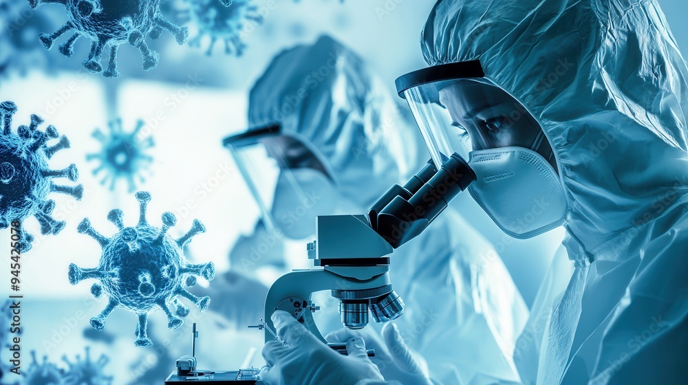 Poster medical workers in protective gear study viruses under a microscope, focusing on disease control and