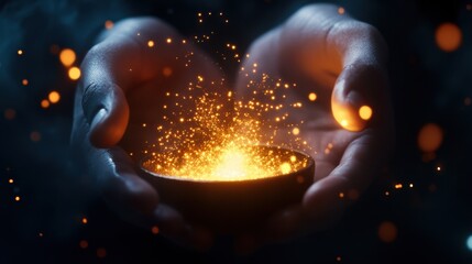 A pair of hands holds a bowl of glowing sparks, symbolizing magic, energy, and creation in a mysterious atmosphere.