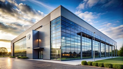 Modern industrial building with sleek glass and steel facade, featuring a prominent silver logo on the exterior wall, conveying innovation and corporate identity.