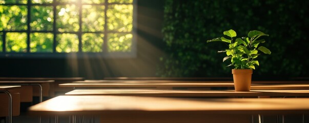 A serene classroom featuring a potted plant illuminated by sunlight, highlighting a calming and inspiring learning environment.