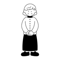 前で手を重ねて立つシニア女性の単色イラスト
