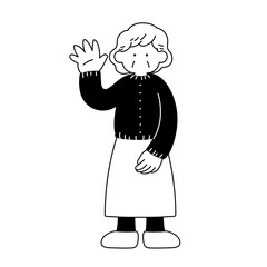片手をあげて挨拶をするシニア女性の単色イラスト
