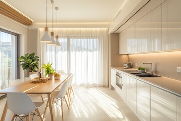 A bright kitchen featuring a dining table with chairs, hanging lights, and plenty of natural light streaming through large windows, creating a warm, inviting space.