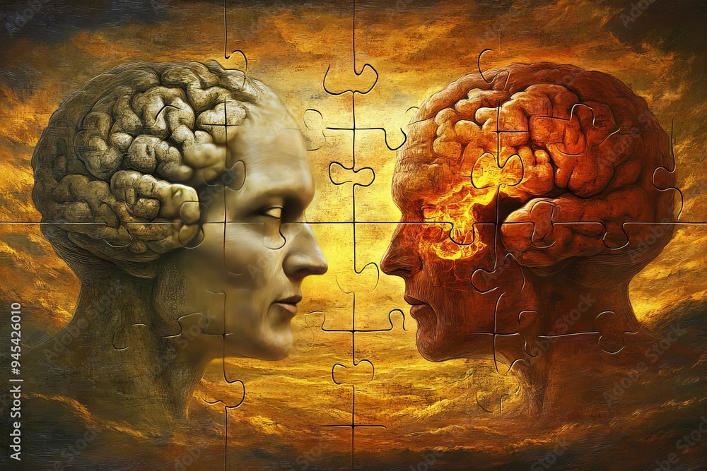 Poster surreal human faces with puzzle brain pieces depicting the fragmentation and reassembly of thoughts 