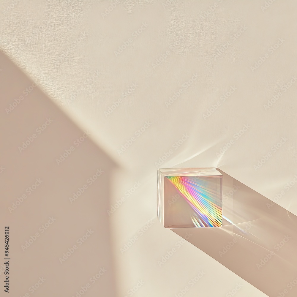 Poster A top-down view of a square prism casting rainbow light patterns, highlighting the interplay of geometric shapes, light refraction, and vibrant color spectrum reflection.