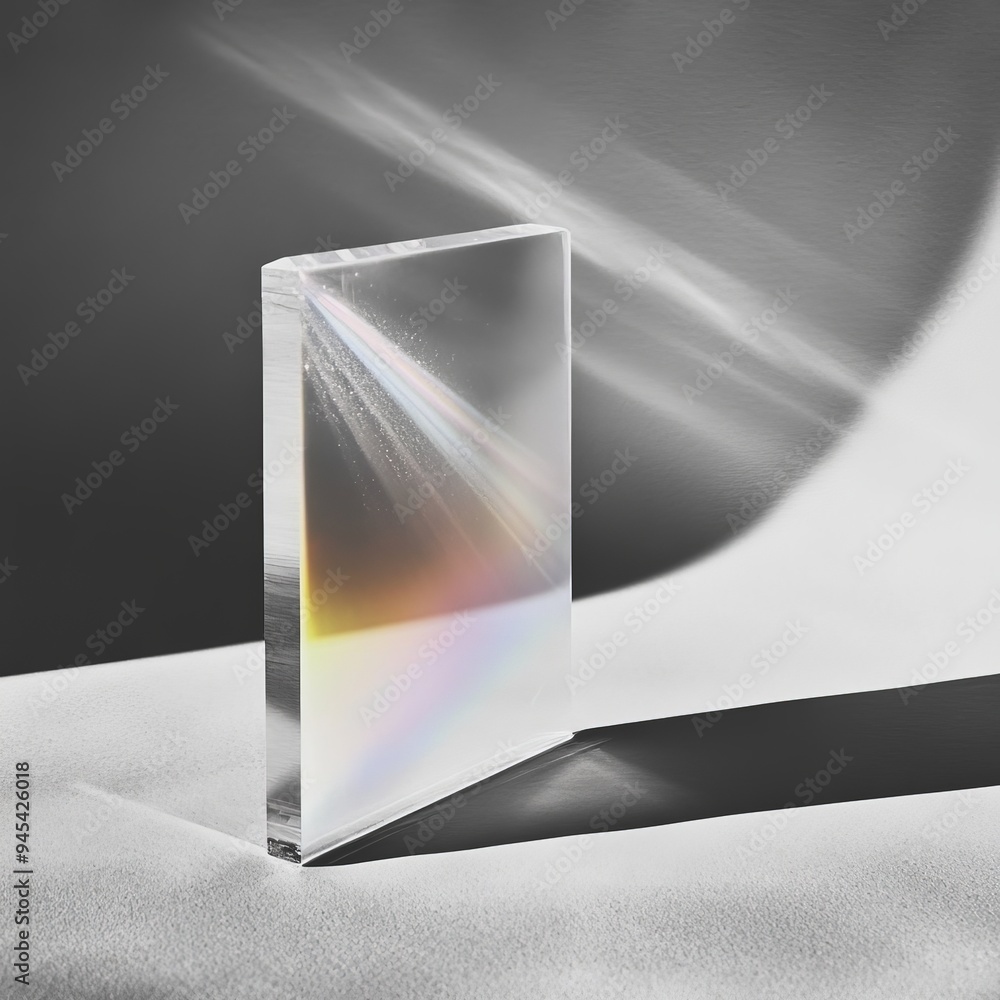 Poster a crystal-clear square glass block illuminated by rainbow light, casting intriguing shadows and high