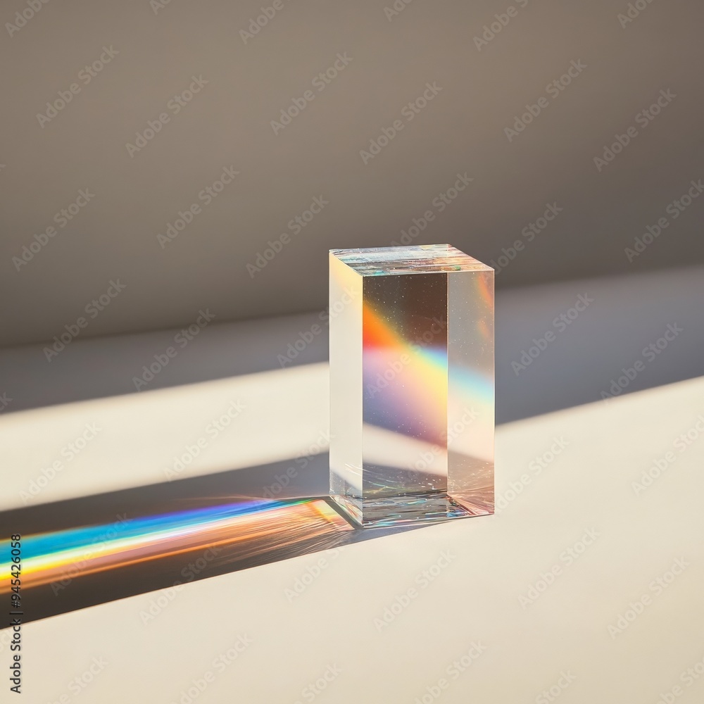 Poster a vertical glass prism standing on a simple base, casting beautiful rainbow light streaks, showcasin