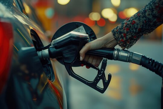 Yellow Car Being Refueled at Nighttime Gas Station