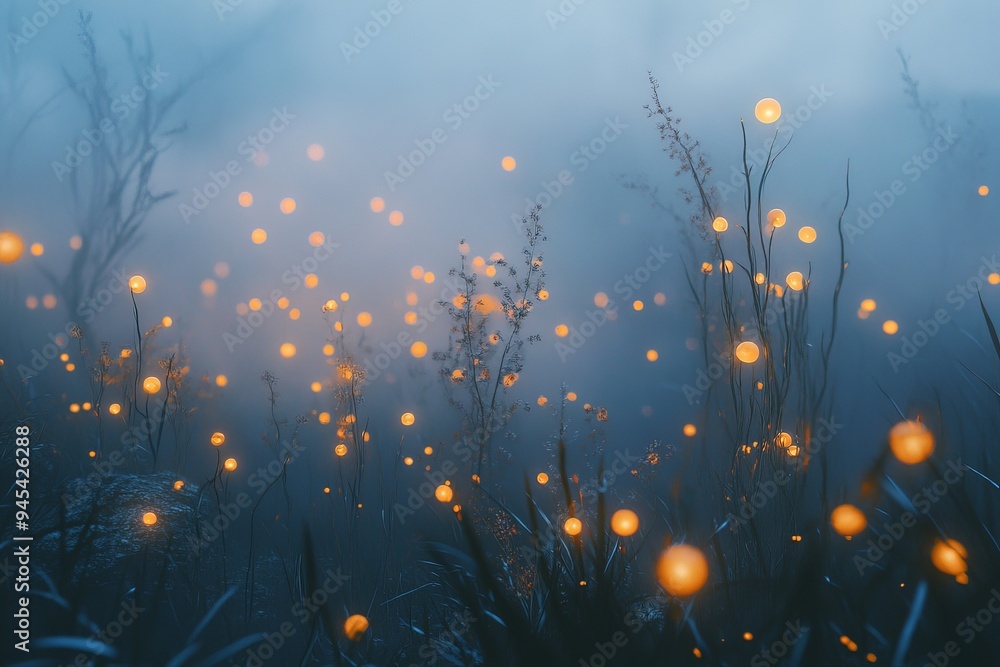 Poster this image depicts a misty field with numerous glowing fireflies scattered around. the scene creates