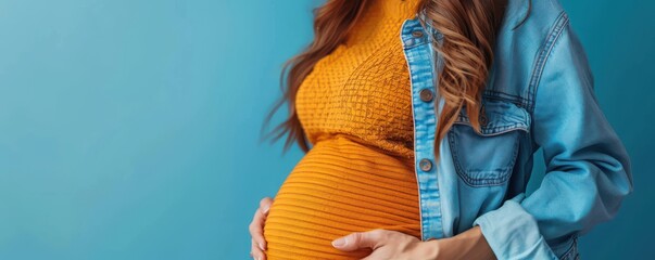 Fototapeta premium Pregnant woman in a flowing white dress holding her belly, symbolizing motherhood and new beginnings. Free copy space for banner.