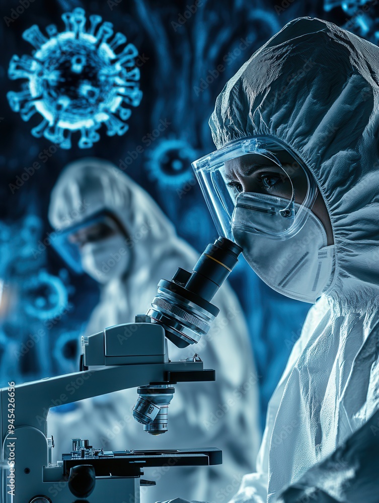 Aufkleber medical professionals in protective suits analyze viruses using a microscope, highlighting the criti