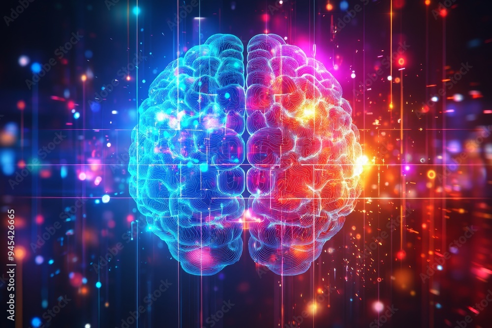 Poster vivid digital representation of brain activity and neural networks depicting cognitive energy techno