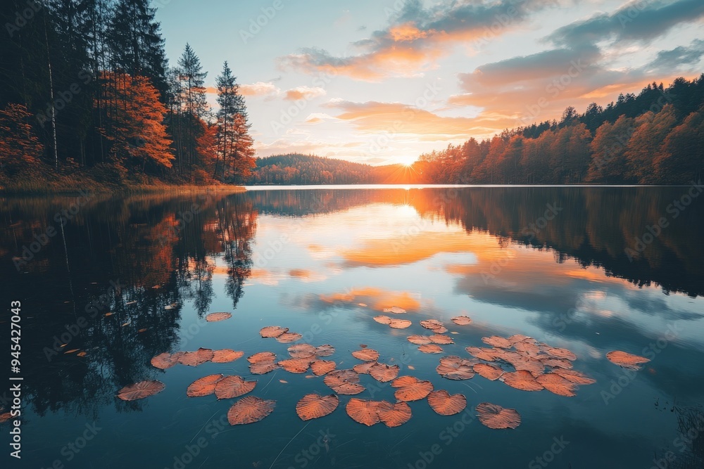Poster a scenic view of a lake during autumn featuring still water reflecting the colorful foliage and scat