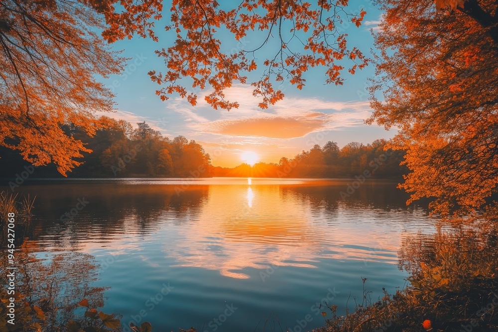 Poster an idyllic lake scene featuring the warm glow of the sunset reflecting off the autumn trees, creatin