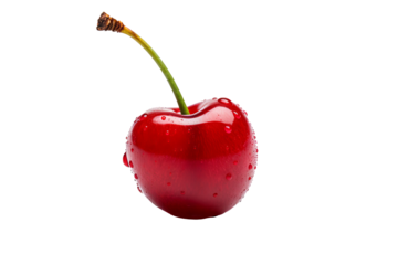 High-resolution red cherry isolated on transparent background, perfect for culinary designs, food packaging, and fresh produce illustrations in health-focused and organic-themed projects