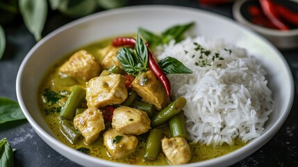 A vibrant plate of Thai green curry with chicken, bamboo shoots, and coconut milk, served over jasmine rice in a white bowl