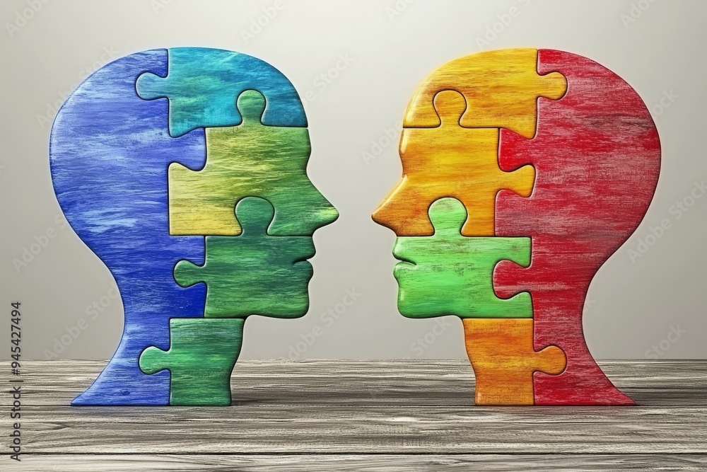 Aufkleber colorful puzzle piece brain silhouettes facing each other representing cognitive diversity problem s