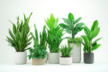 A collection of various indoor plants in decorative pots, showcasing greenery and decor.