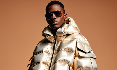 A man in sunglasses and a gold puffer jacket poses against a light brown backdrop