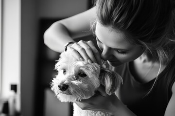 A dog groomer dressed in black is skillfully attending to a small dog in a meticulous grooming session, ensuring the dog is well-kept and comfortable in a professional setting.