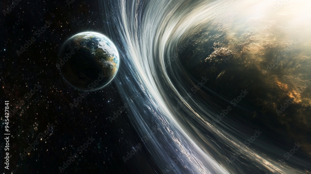 Poster Planet positioned near intricate rings of light against a dark space background, illustrating the beauty and complexity of celestial bodies and their environments.