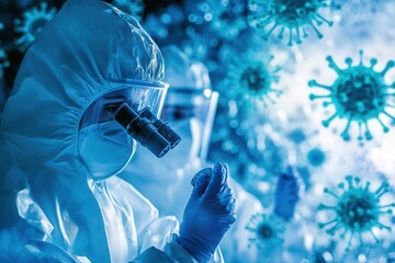 Medical professionals in protective gear analyze viruses under a microscope, emphasizing their vital role in monitoring and controlling infectious diseases. Generative AI