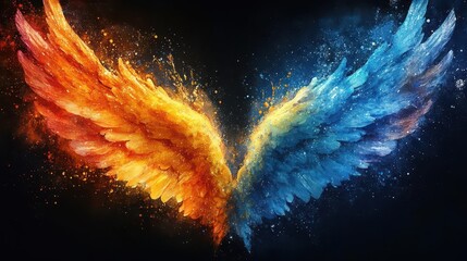 Fototapeta premium ethereal angel wings rendered in vivid watercolor splashes on black background dynamic brush strokes