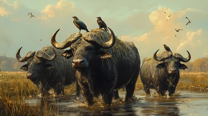 Naklejka premium Three African buffaloes walking through a swampy area, two birds are perched on one buffalo's head, while another is perched on the back of the one on the right. 