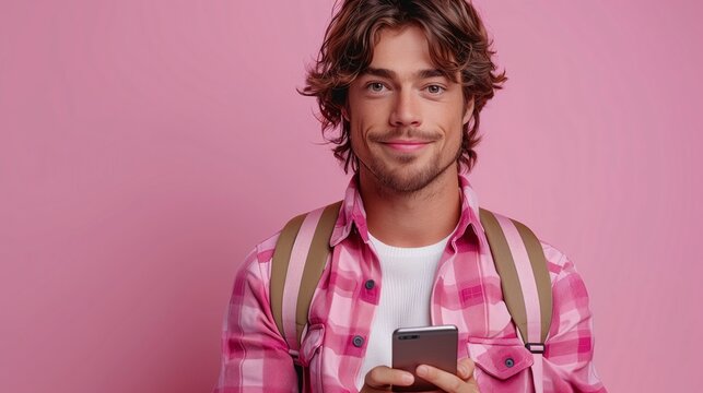 A young man with wavy hair smiles while holding a smartphone. He wears a pink plaid shirt over a white shirt and has a backpack on his shoulders. The background is a solid pink color - Powered by Adobe