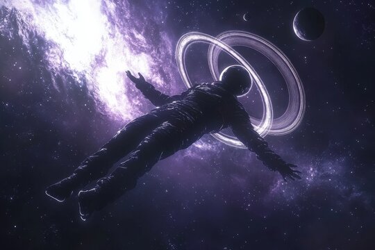 An astronaut floats weightlessly in a vivid purple space surrounded by glowing stars and planets with Saturn-like rings, showcasing the majesty and mystery of outer space. - Powered by Adobe
